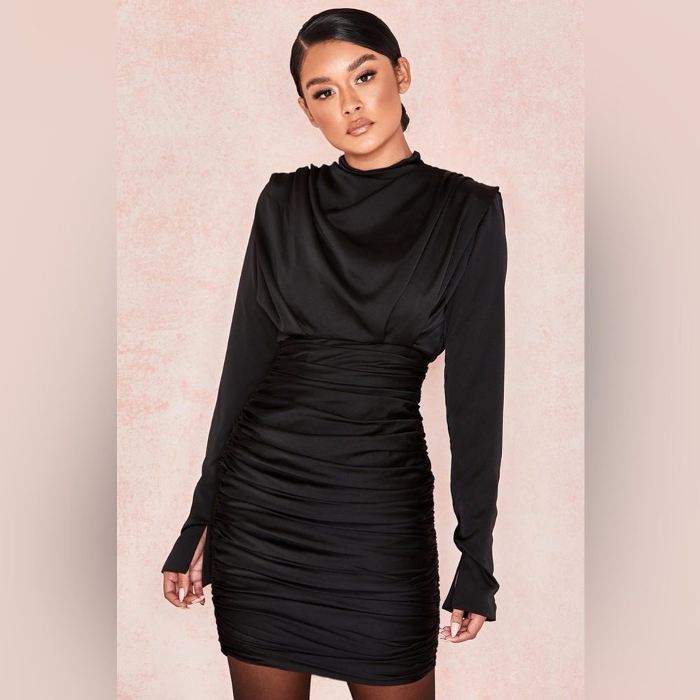 House of CB Georgiana Black Satin Mini Dress Ruched Long Sleeve Excellent XS